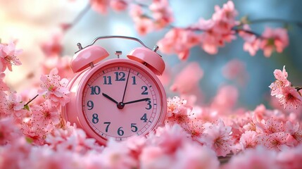 pink vintage alarm clock nestled among delicate cherry blossom petals in a dreamy sunlit spring morning, evoking peaceful and romantic serenity