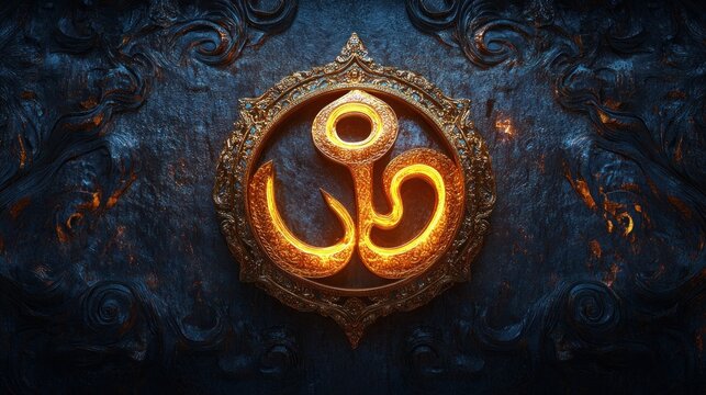 glowing golden sacred om symbol in ornate circular filigree frame on dark swirling textured background, evoking mystical reverence and calm