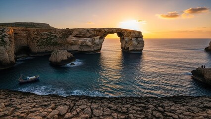 Sunset at Azure Window Malta Rock Formation.
