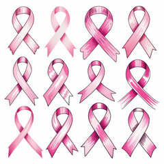 Collection of hand drawn pink breast cancer awareness ribbons in various styles
