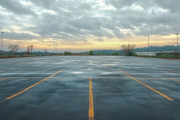 Empty wet parking lot with yellow painted lines, lampposts and distant trees under a moody sunrise sky, calm and solitary atmosphere