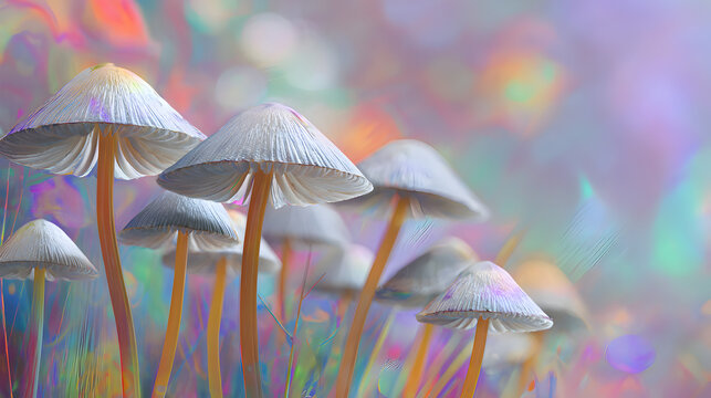 un fondo de hongos o champi&ntilde;ones color claro sobre un fondo surrealista tornasol creativo con espacio de copia 