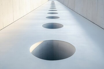 Minimalist concrete corridor with a row of circular cutouts receding to a vanishing point, soft light and a calm, contemplative mood