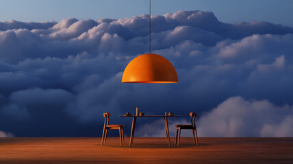 Dining table and chairs set on wooden floor amidst dramatic clouds