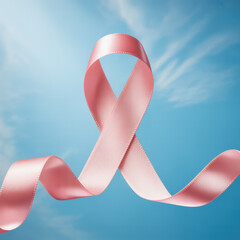 Delicate pink ribbon symbol of hope against a soft blue sky background