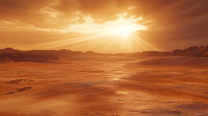 vast barren desert plain beneath a dramatic orange sunset with sunbeams breaking through clouds over distant rocky ridges, glowing empty landscape evoking solitude and otherworldly warmth