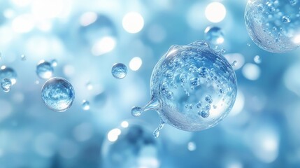 floating transparent water spheres with internal microbubbles in a soft blue bokeh background conveying calm freshness and purity
