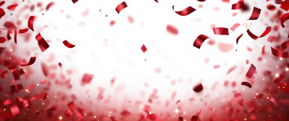 Red confetti falling against a light background creating a festive and celebratory atmosphere with scattered shiny particles
