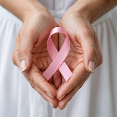 Gentle hands cup a pink ribbon symbolizing breast cancer awareness and support woman