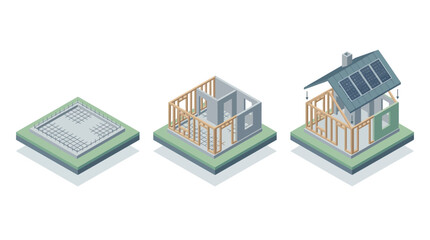 Modern sustainable house construction stages with solar panels