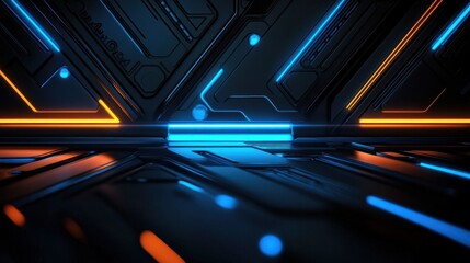 Dark futuristic metallic corridor with glowing blue and orange neon lines, geometric panels and reflective floor conveying sleek high-tech mystery
