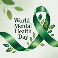 Green ribbon with leaves and text World Mental Health Day
