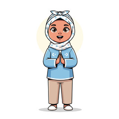 Cartoon Muslim girl praying with gratitude