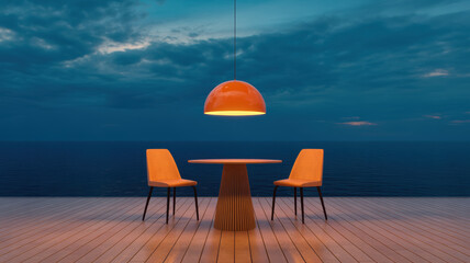 Orange dome pendant lamp illuminates outdoor table and chairs by the sea at dusk light