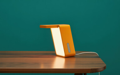 Orange modern desk lamp with white light on a wooden table