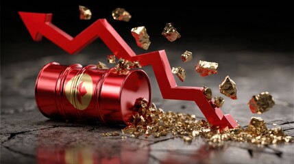 Cracked Oil Price Graph Shows Downward Trend With Red Arrows Piercing Barrels, Representing Market Crash and Low Demand Through 2026