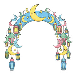 Obraz premium Ramadan Kareem Islamic Arch with Crescent Moons and Lanterns