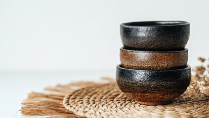Stacked rustic ceramic bowls sit on a woven placemat.