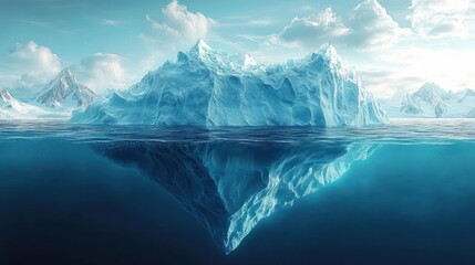 Obraz premium Large iceberg floating in calm ocean with its massive submerged portion visible below water surface under cloudy sky and distant snowy mountains