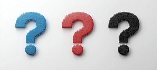 Three textured 3D question marks in blue, red, and black on a clean light background conveying curiosity and uncertainty
