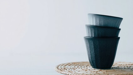 Stacked ceramic cups with textured glaze sit on a woven mat.