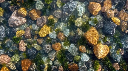 Sunlit riverbed of multicolored stones and green algae beneath clear rippling water, peaceful shimmering patterns