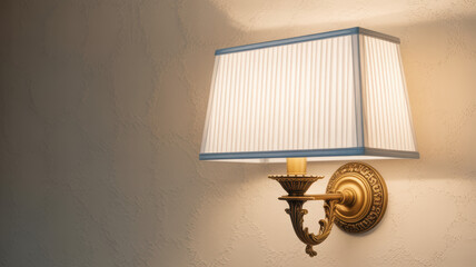 Ornate brass wall sconce with pleated white lampshade and blue trim light