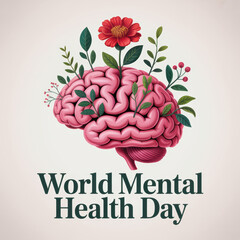 Pink brain with red flower and green leaves World Mental Health Day text