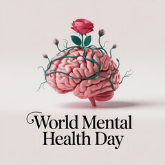 Pink Brain With Rose and Vines Text World Mental Health Day flower growth