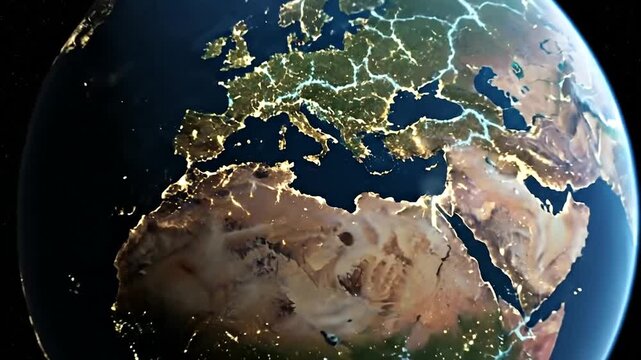 Stunning View of Earth from Space at Night with City Lights Illuminating Continents.