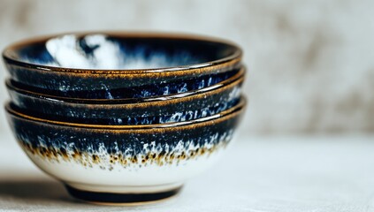 Stacked ceramic bowls with a rustic blue and white glaze.