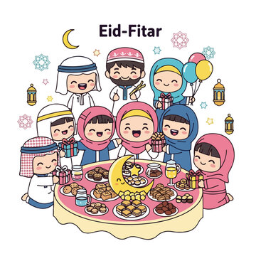 Happy Eid Fitar Celebration with Muslim Family and Kids