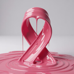 Pink liquid ribbon forming a symbol with dripping paint and circular ripples
