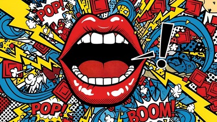 Vibrant Pop Art Illustration Featuring Open Mouth and Comic Book Elements