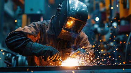 Industrial worker wearing protective gear welding metal with bright sparks flying in a workshop environment