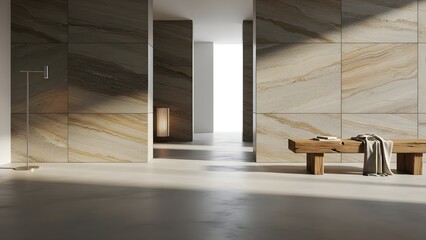 高級感のある石壁のロビーと木製ベンチ