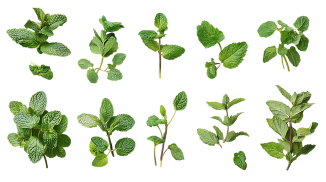 Assortment of aromatic mint leaves, and branches, with various arrangements isolated on white and transparent background - Powered by Adobe