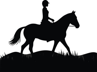 Rider on Horseback Silhouette Trotting Across a Grassy Landscape