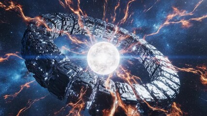 A glowing orb within a ring structure amid cosmic energy in a star field - Powered by Adobe