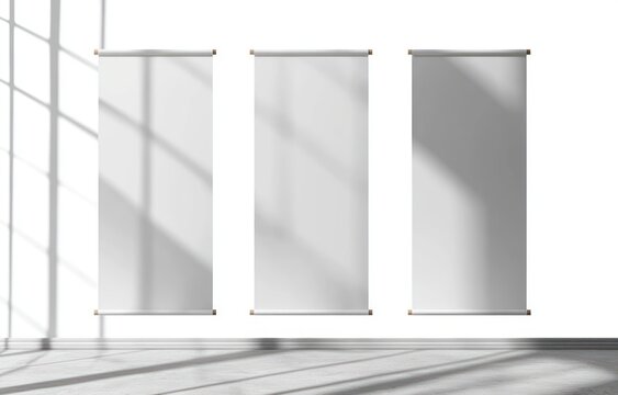 Three large blank vertical canvas banners hanging side by side on a white wall with soft shadows of window panes on the wall and floor creating a calm and minimalistic atmosphere