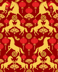 Obraz premium A vibrant red and gold seamless pattern featuring rearing horses, traditional Chinese lanterns, coins, and fans, celebrating cultural motifs.