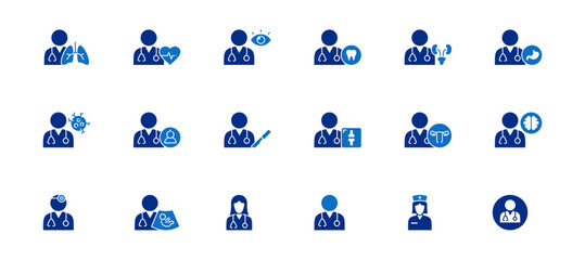 Medical Specialties icon set containing pulmonologist, cardiologist, ophthalmologist, dentist, urologist, gastroenterologist, oncologist, paediatrician, surgeon, orthopaedist, vector icons