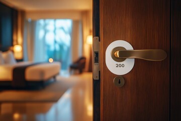 Obraz premium open wooden hotel door with brass handle and room 200 revealing a warm softly lit bedroom with bed, lamps, armchair and balcony for a calm inviting stay