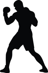 Silhouette of a male boxer in an aggressive fighting stance wearing boxing gloves ready to compete