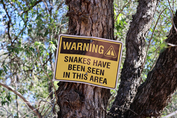 Warning - Snakes Have Been Seen In This Area sign attached to a tree in a forest