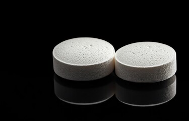 Two white porous round tablets on a glossy black surface with clear reflection, minimalist sterile composition conveying clinical calm
