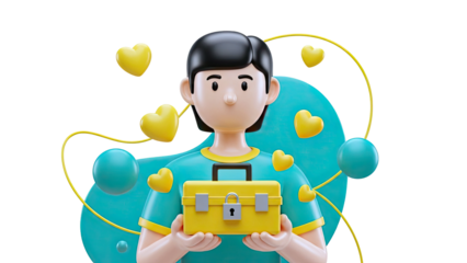 3D Character Holding a Locked Yellow Briefcase with Hearts