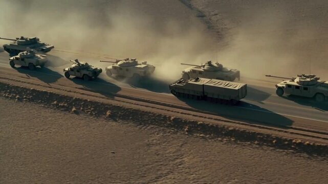 Military vehicles and tanks move through dusty desert terrain