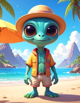 Cartoon alien stands on a beach, wearing a sun hat, open shirt, and shorts. Bright, sunny day