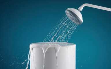 White shower head spraying water onto a cylindrical object with foam stream